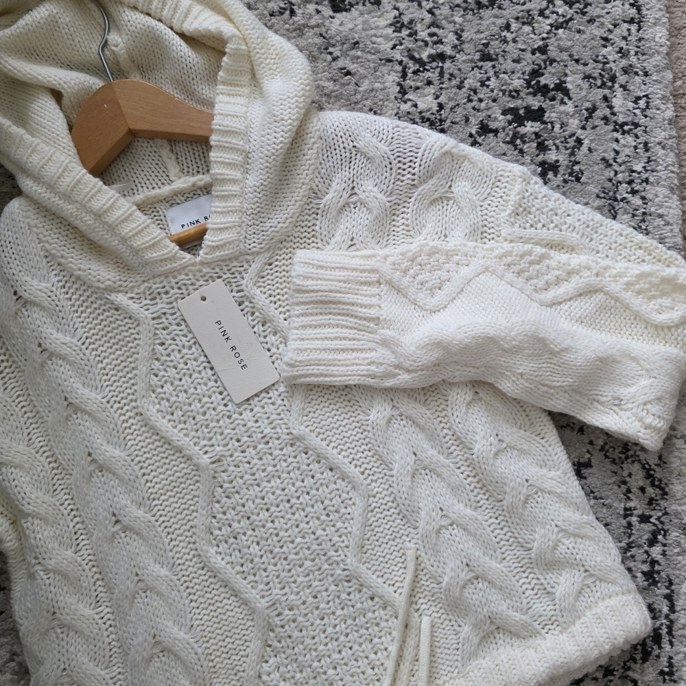 Pink Rose Cableknit Cropped Hooded Sweater Womens Size S White/off White NWT